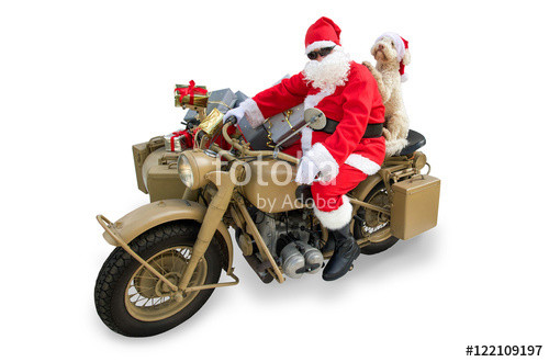 Motorrad Geschenke
 "Nikolaus mit Hund auf Motorrad bringt Geschenke