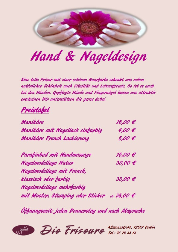 Nageldesign Preisliste
 Hand & Nageldesign