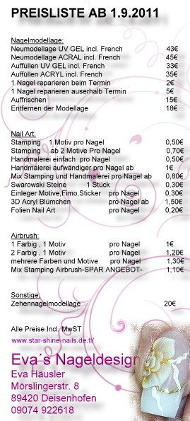 Nageldesign Preisliste
 Evas Nageldesign Preisliste