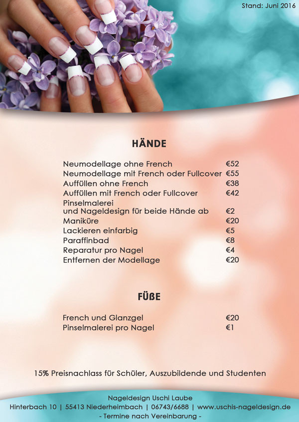 Nageldesign Preisliste
 Leistungen & Preise Nagelstudio Uschi Laube in