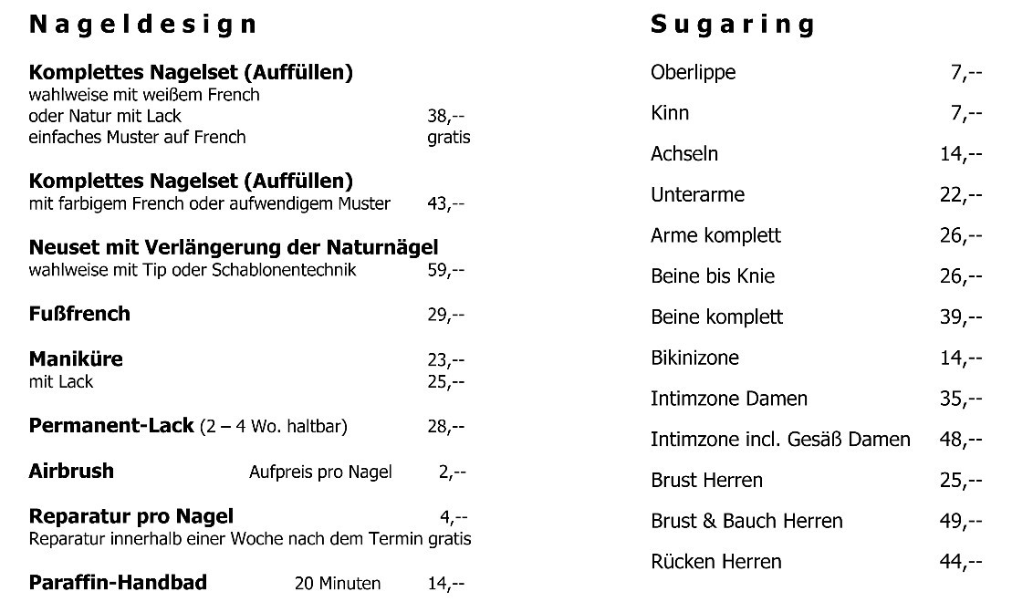 Nageldesign Preisliste
 Preisliste Dream Nails Ihr persönliches Nagelstudio