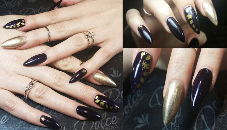 Nageldesign Spitze Nägel
 spitze naegel stiletto nageldesign gold aubergine farbe