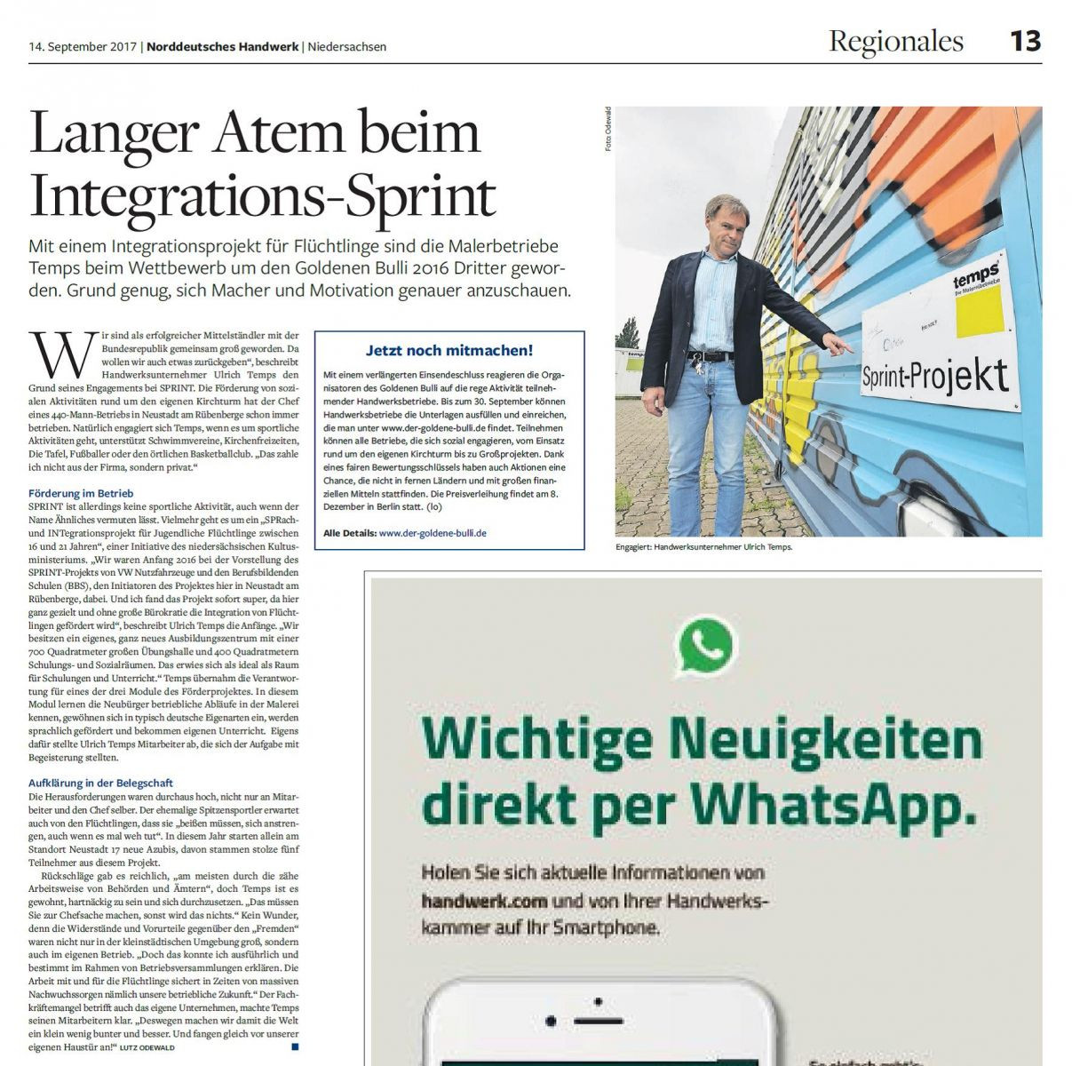 Norddeutsches Handwerk
 Langer Atem beim Integrations Sprint Temps Gmbh