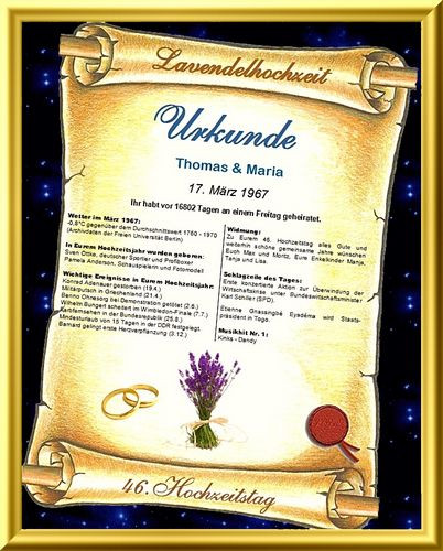 Papierne Hochzeit
 Geschenk Urkunde zu JEDEM Hochzeitstag mit Foto auf Wunsch