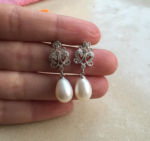 Perlen Ohrringe Hochzeit
 Tropfen Sie Perlen Ohrringe Kristall Strass und 925 von