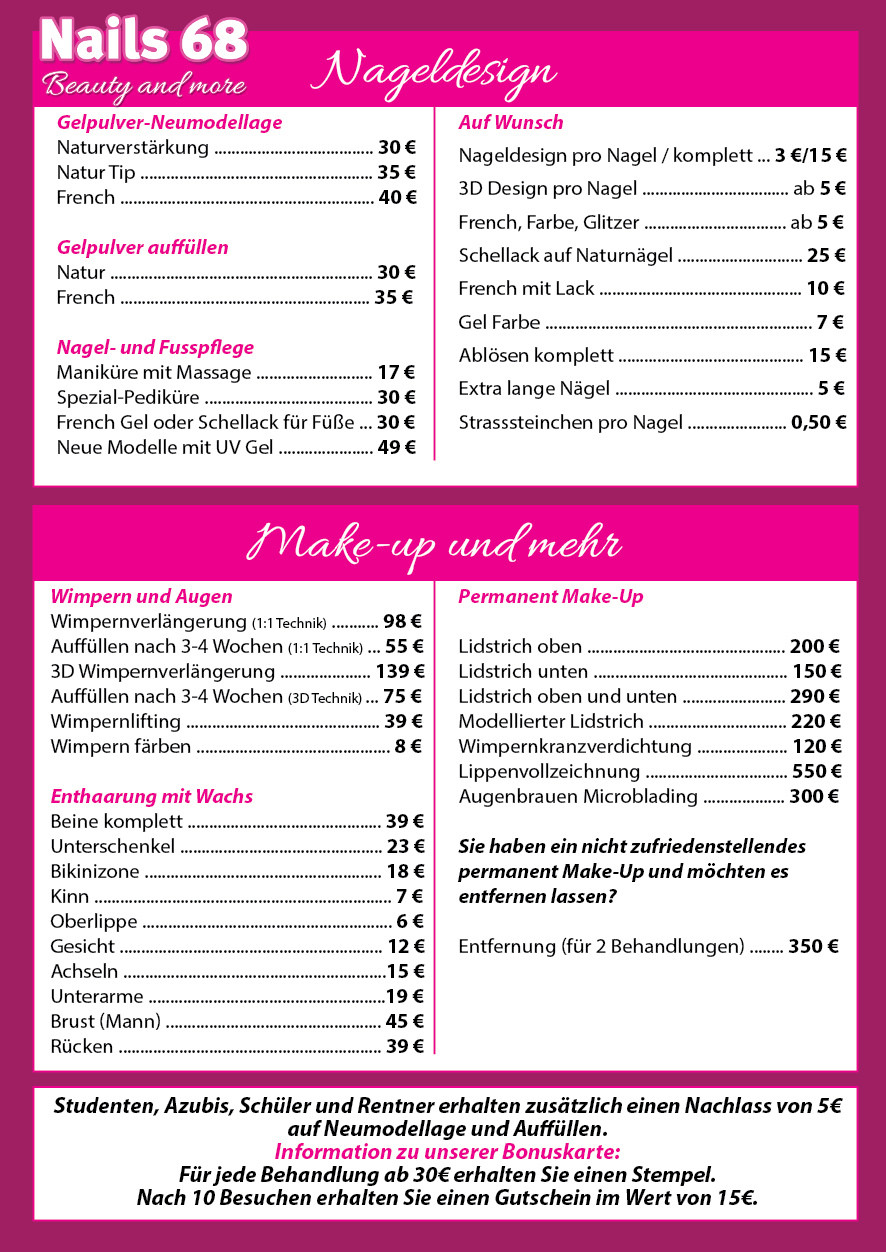 Preisliste Nageldesign
 Nails 68 – Ihr modernes Nagel und Kosmetikstudio in