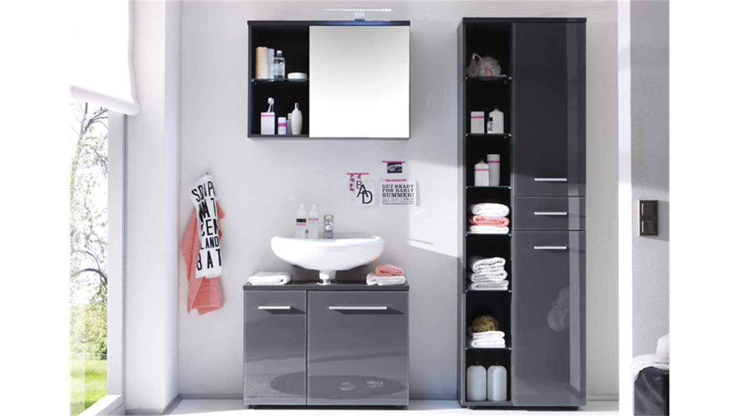 Schrank Badezimmer
 Hochschrank GREY Badezimmer Bad Schrank grau glänzend