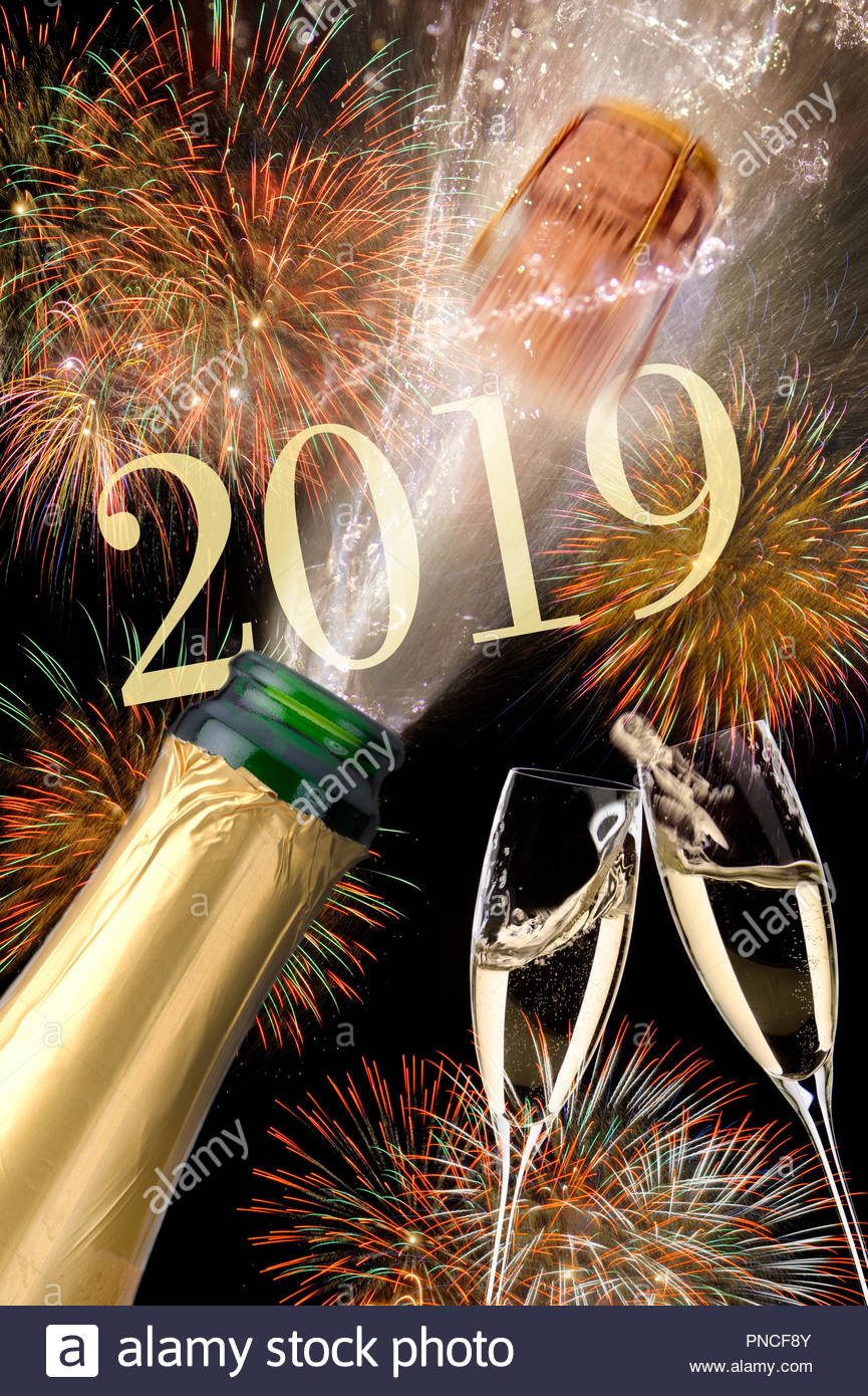 Silvester Frisuren 2019
 Spritzer Flasche Champagner mit fliegenden Kork und