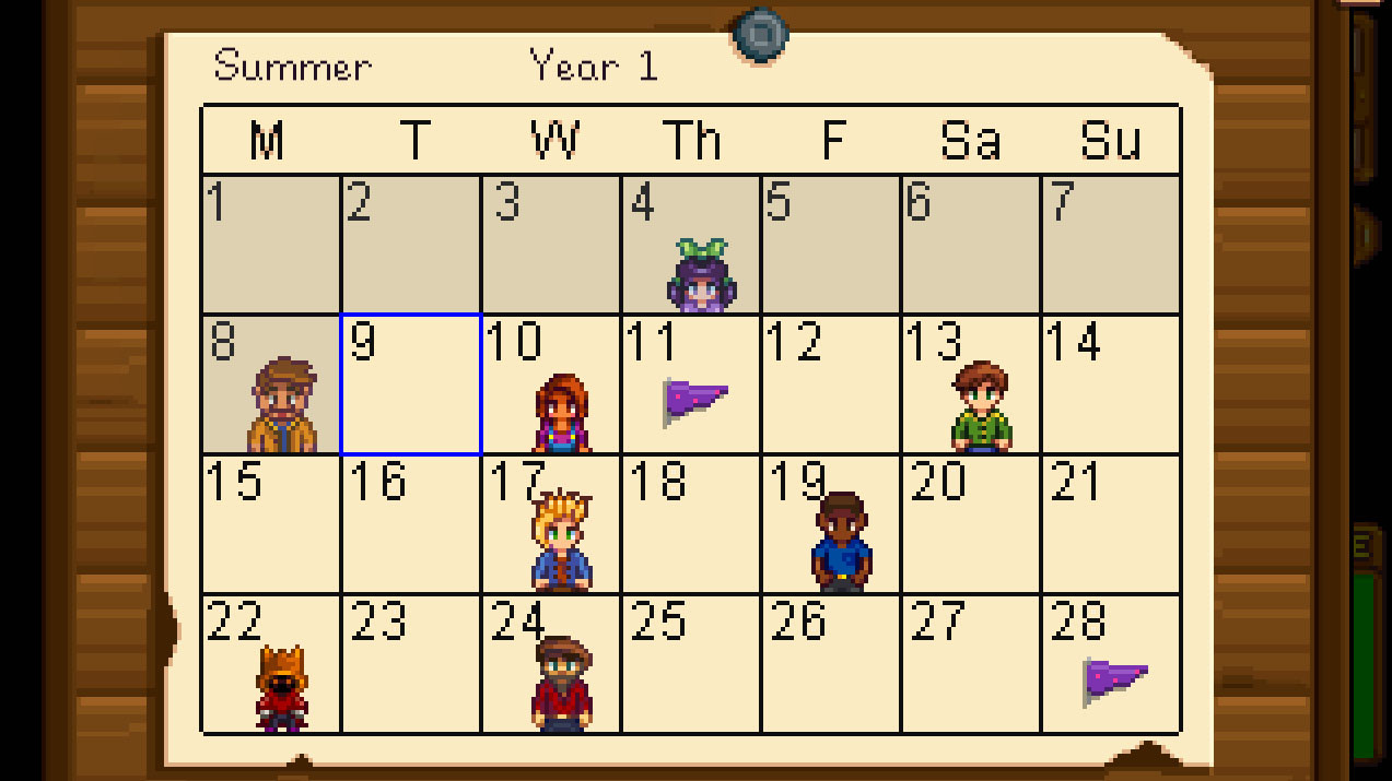 Stardew Valley Geschenke
 Stardew Valley Geburtstag aller Einwohner in der Kalender