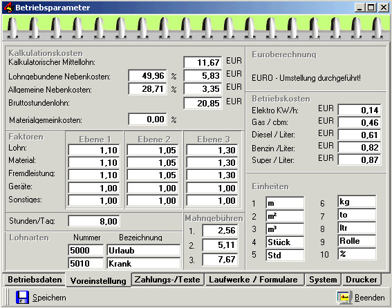 Stundenlöhne Handwerk
 Betriebsparameter