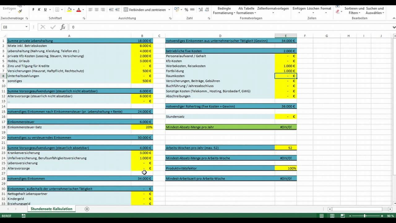 Stundensatz Berechnen Handwerk
 Excel Vorlage Stundensatz Kalkulation