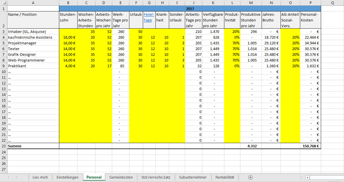 Stundensatz Berechnen Handwerk
 Excel Vorlage Stundensatz Kalkulation