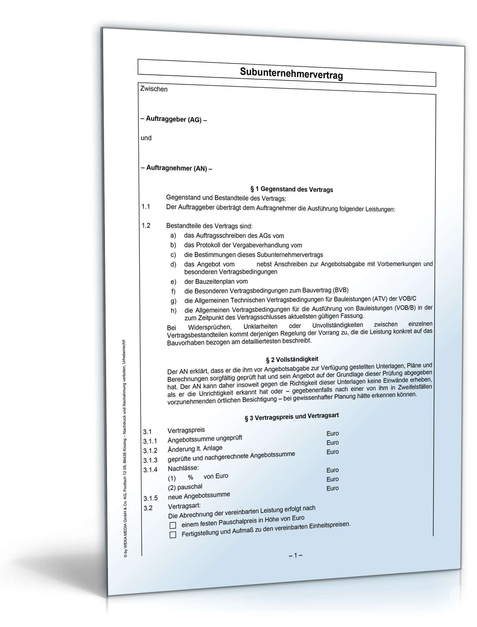 Subunternehmervertrag Handwerk
 Subunternehmervertrag WEKA Fachverlag Vorlage zum Download