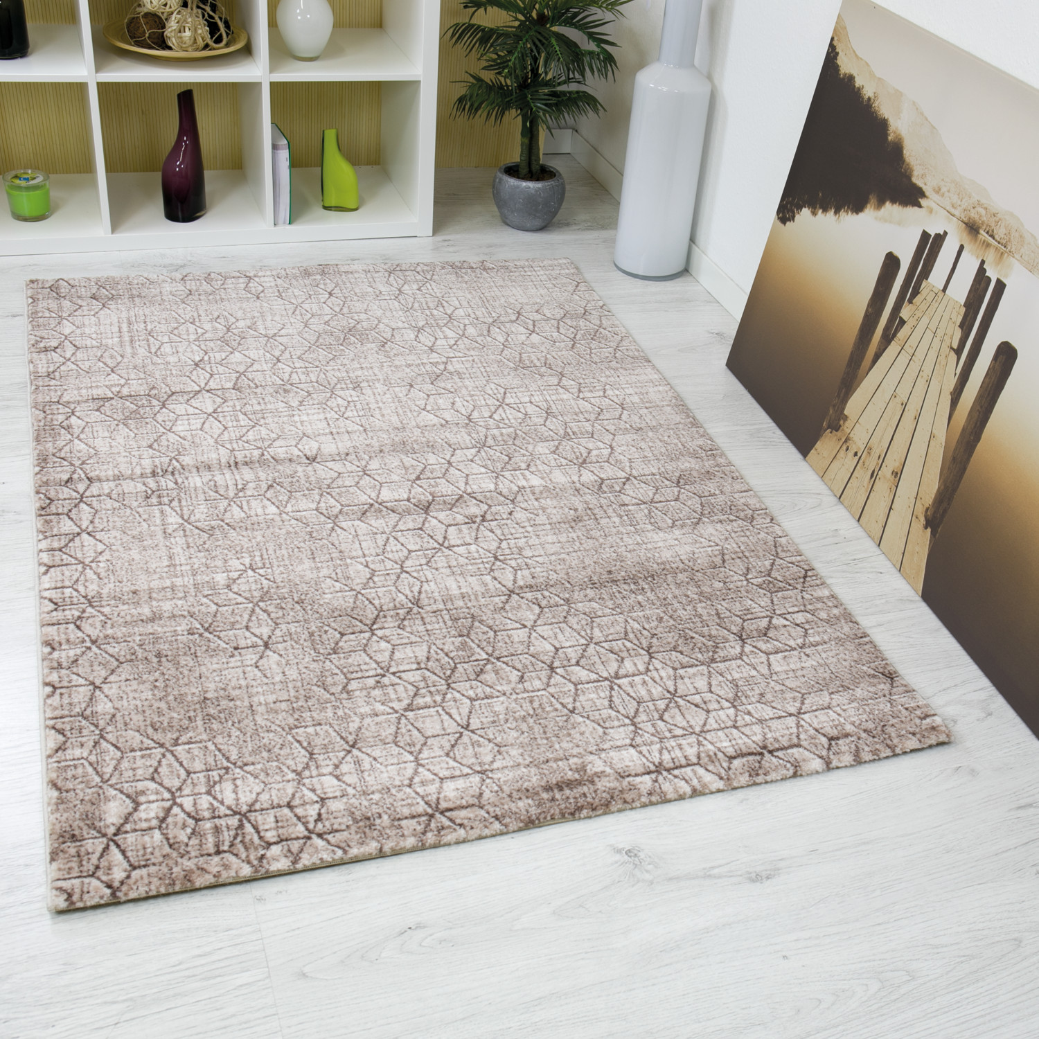 Teppich Beige
 Lounge Teppich Rautenmuster Braun Beige 3D Optik