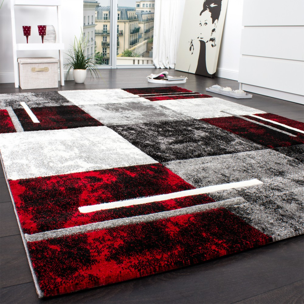 Teppich Rot
 Designer Teppich Modern mit Konturenschnitt Karo Muster