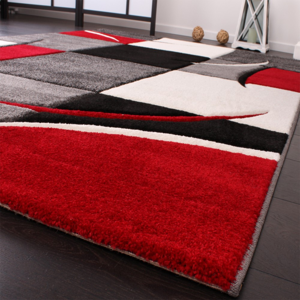 Teppich Rot
 Designer Teppich mit Konturenschnitt Karo Muster Rot