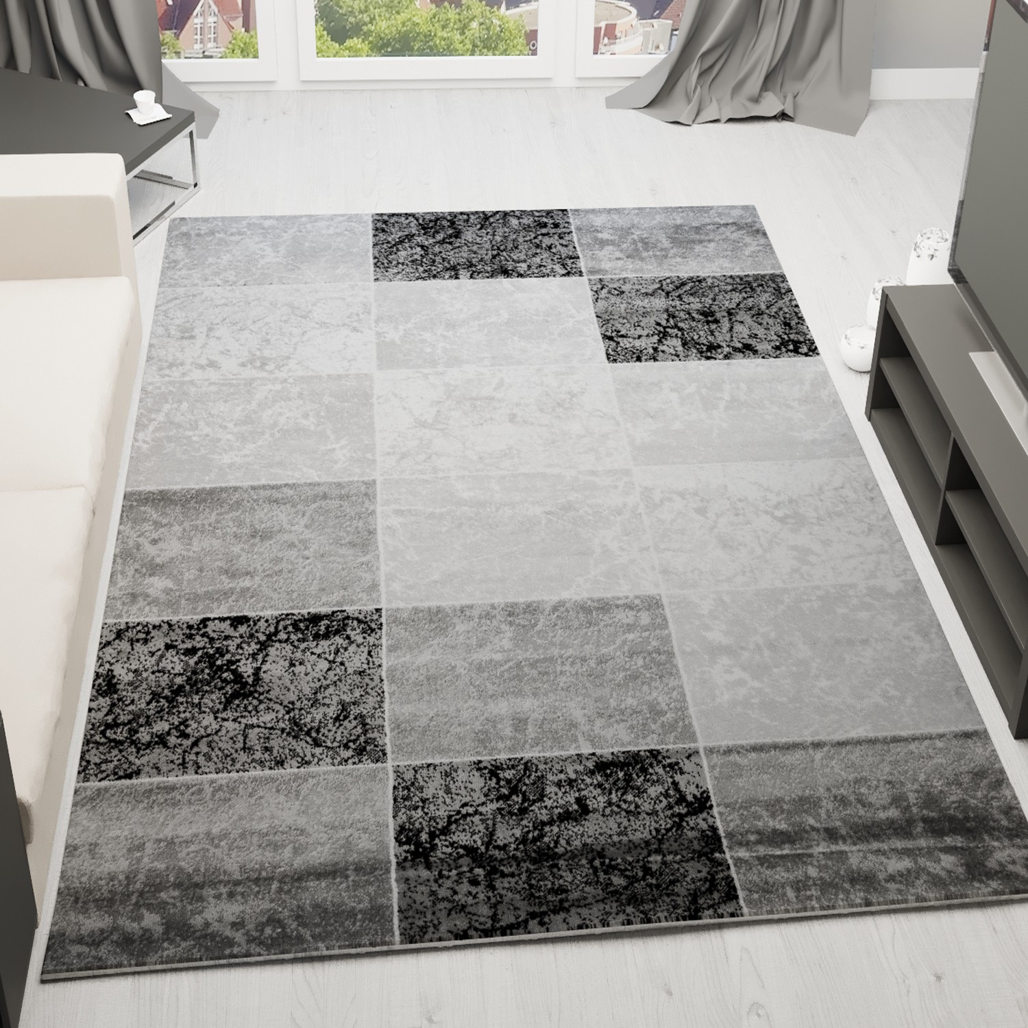 Teppich Weiß
 Moderner Designer Heatset Teppich Marmor Muster Kariert