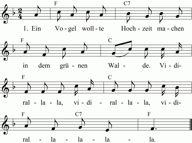 Text Ein Vogel Wollte Hochzeit Machen
 Musiknoten Die Vogelhochzeit lieder