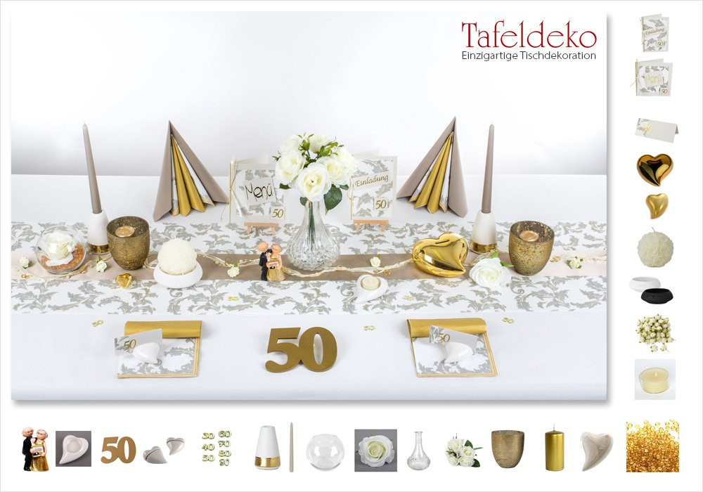 Tischdeko Goldene Hochzeit
 4 Mustertisch Eleganz in Gold Tischdeko Goldene