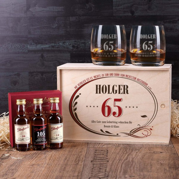 Whiskey Geschenke
 Whisky Set zum 65 Geburtstag in personalisierter Holzbox