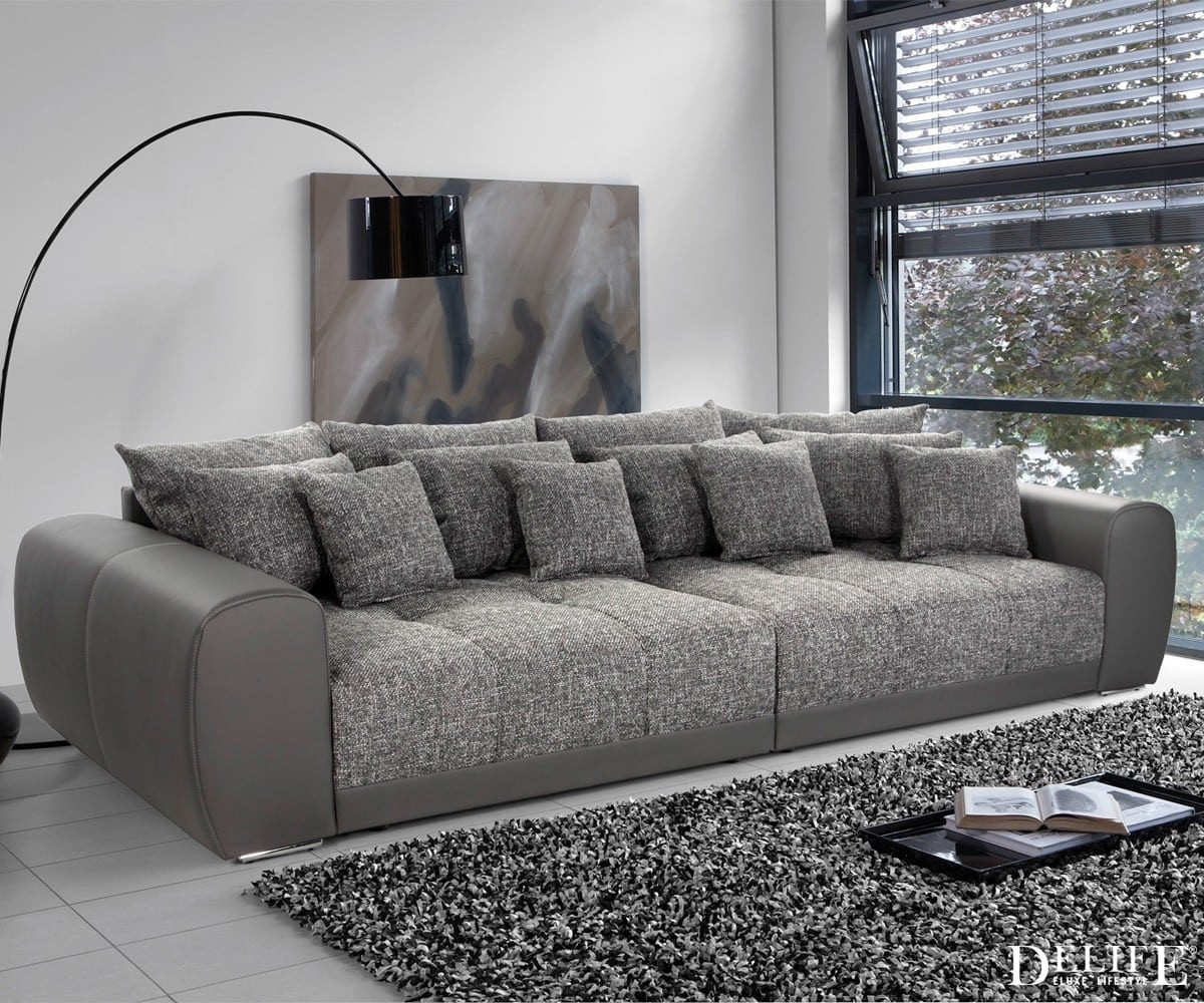 Xxl Couch
 Big Sofa Valeska 310x135 Grau Strukturstoff 12 Kissen XXL