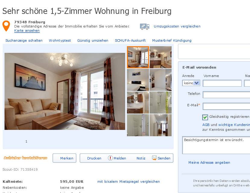 1 Zimmer Wohnung Freiburg
 wohnungsbetrug h7christopher gmail Sehr