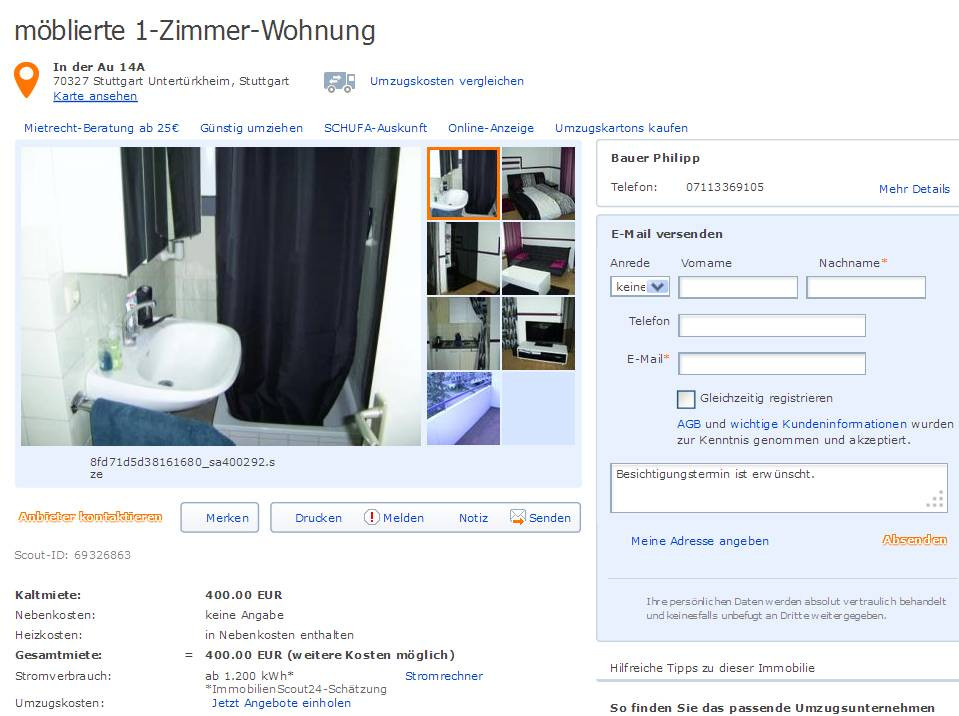 1 Zimmer Wohnung Stuttgart
 wohnungsbetrug 19 April 2013