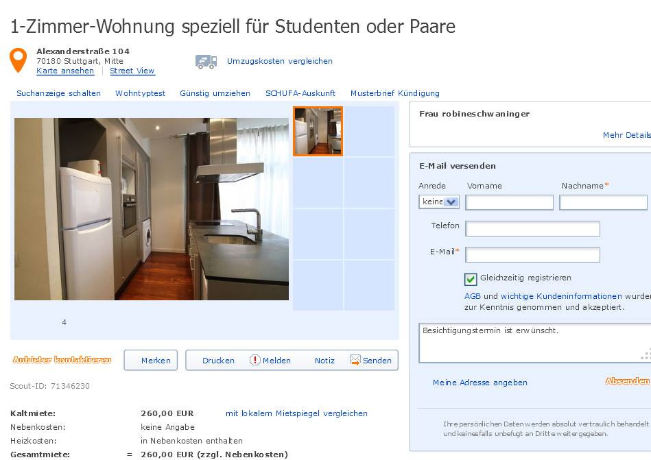 1 Zimmer Wohnung Stuttgart
 wohnungsbetrug robineschwaninger55 hotmail