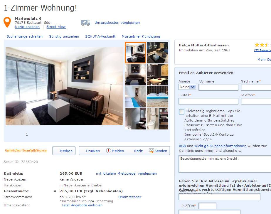 1 Zimmer Wohnung Stuttgart
 wohnungsbetrug Vorkassebetrüger im geklonten
