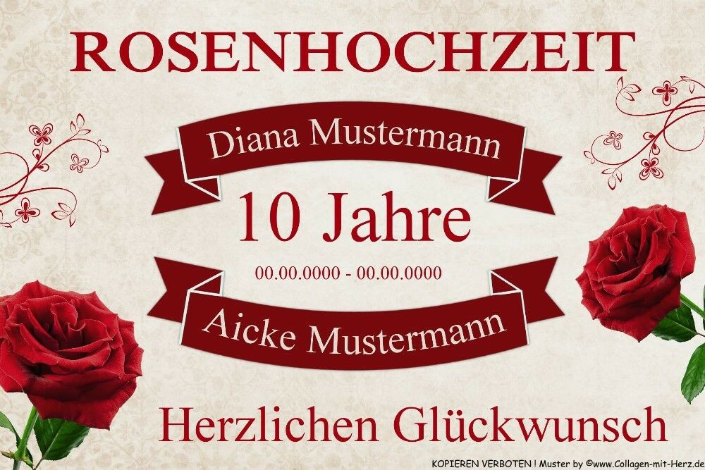 10 Jahre Hochzeit
 Schild Geschenk ROSENHOCHZEIT 10 Jahre INDIVIDUELL