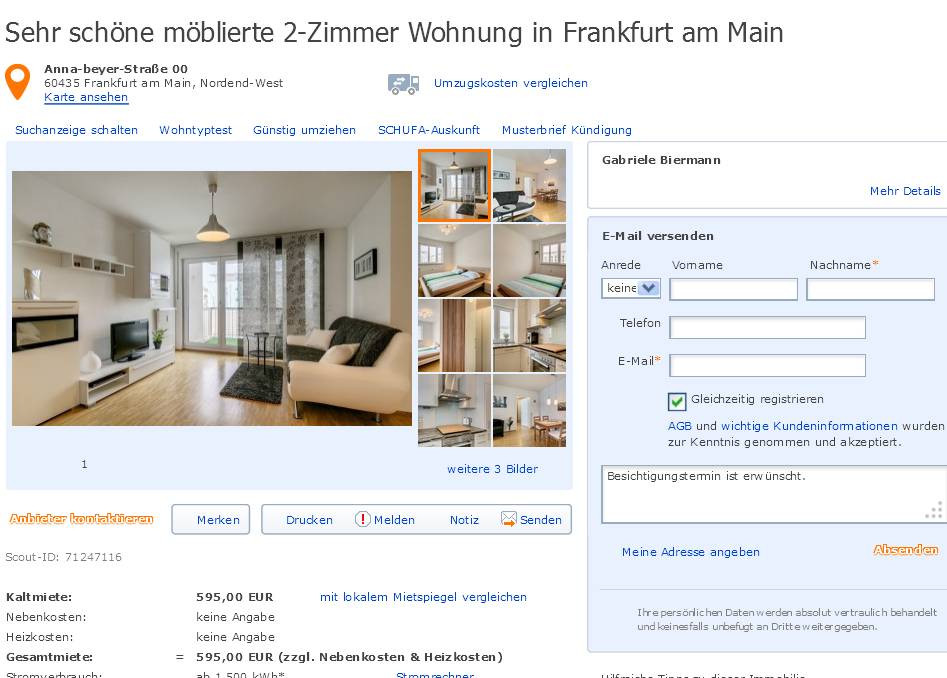 2 Zimmer Wohnung Frankfurt
 wohnungsbetrug alias Gabriele Biermann Sehr
