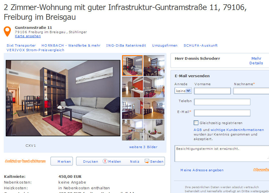 2 Zimmer Wohnung Freiburg
 2 Zimmer Wohnung mit guter Infrastruktur Guntramstraße 11