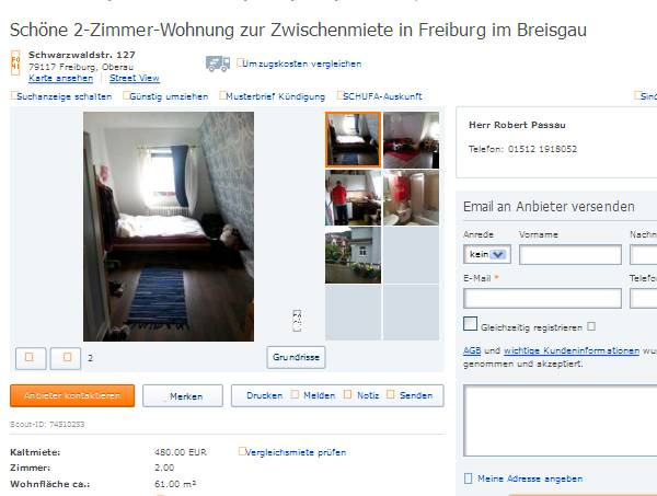 2 Zimmer Wohnung Freiburg
 wohnungsbetrug wieder Vorkassebetrug mit