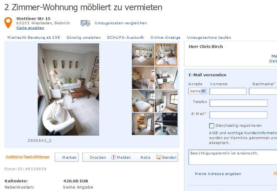 2 Zimmer Wohnung Freiburg
 wohnungsbetrug alias Herr Rallien Poatq