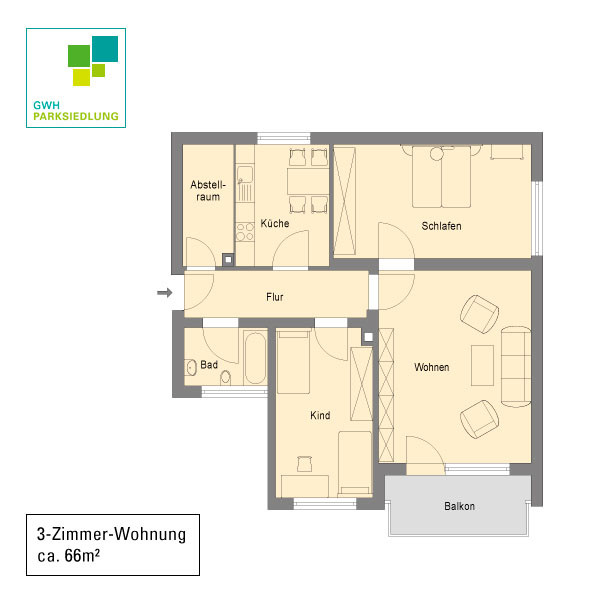 3 Zimmer Wohnung
 3 Zimmer Wohnung mit 66 15 m² GWH Parksiedlung