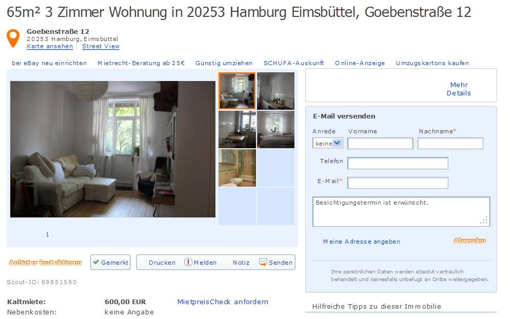 3 Zimmer Wohnung Hamburg
 wohnungsbetrug 65m² 3 Zimmer Wohnung in