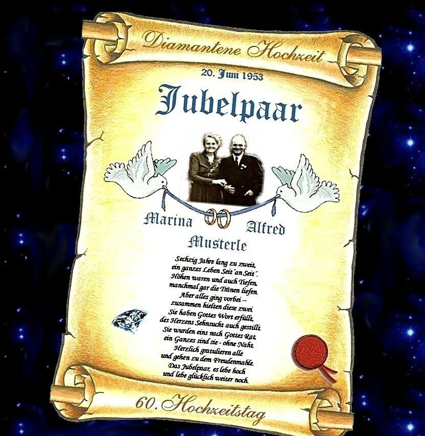 30 Jährige Hochzeit
 Diamantene Hochzeit 60 Hochzeitstag Geschenk Urkunde