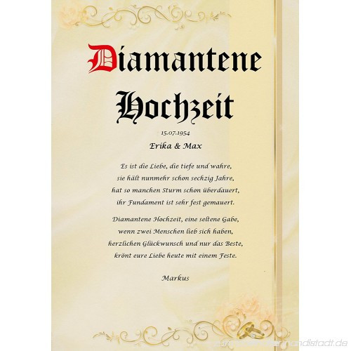 60.Hochzeitstag Diamantene Hochzeit
 Diamantene Hochzeit Urkunde personalisiert Geschenk Karte