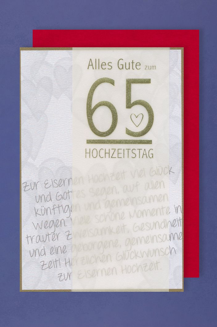 65 Jahrestag Hochzeit
 Eiserne Hochzeit 65 Hochzeitstag Karte mit Pergament Band