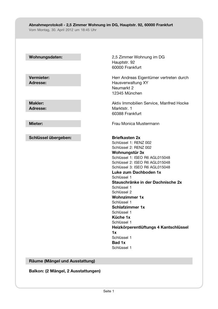 Abnahmeprotokoll Wohnung
 Übergabeprotokoll