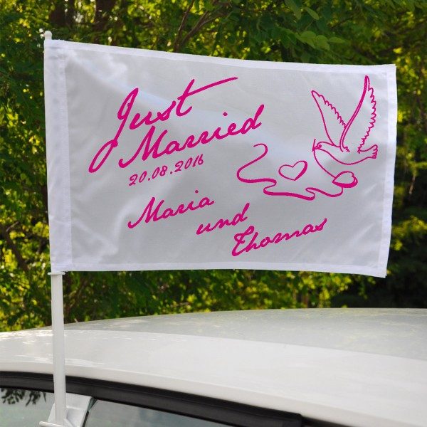 Autofahne Hochzeit
 Autoflagge zur Hochzeit mit Wunschnamen und Datum bedruckt