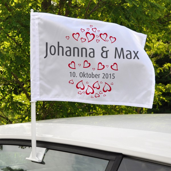 Autofahne Hochzeit
 Flagge Autofahne zur Hochzeit mit persönlichem Aufdruck
