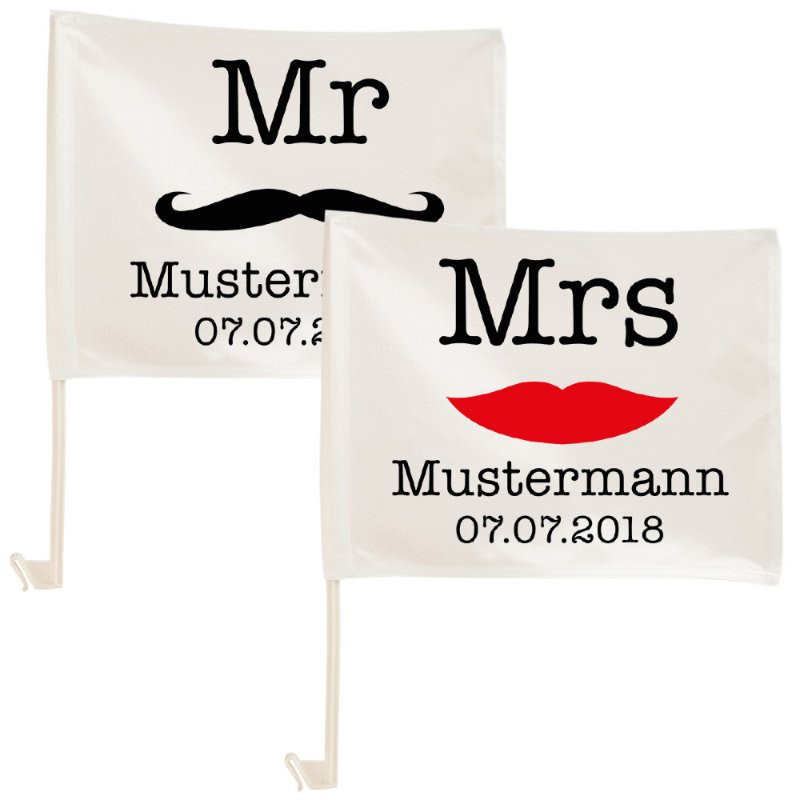 Autofahnen Hochzeit
 Autofahnen Set Mr & Mrs mit Personalisierung