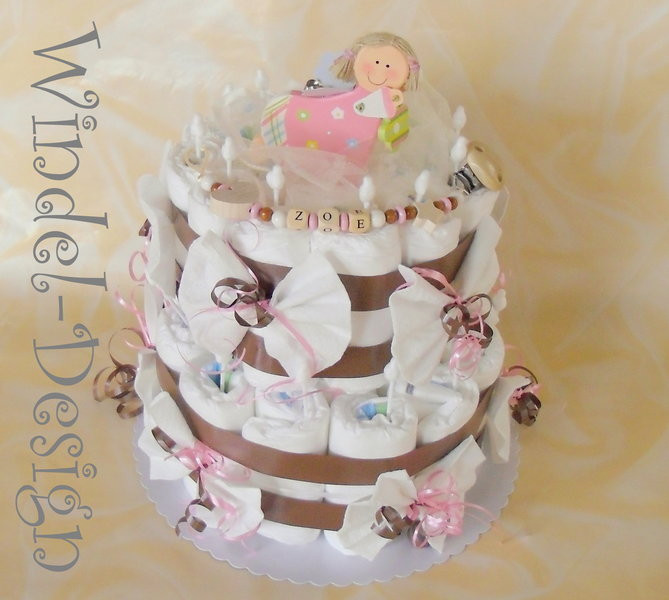 Baby Geschenke Mädchen
 Windeltorte in rosa braun für Mädchen Windel Design