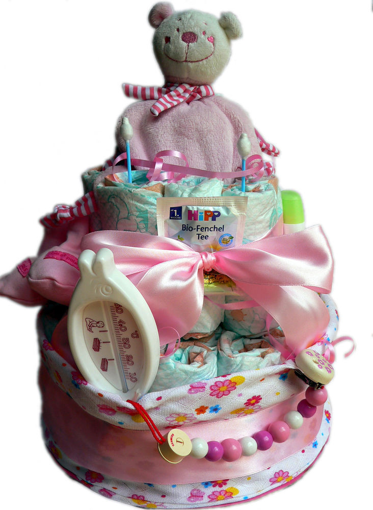 Baby Geschenke Mädchen
 Hochwertige XXL Windeltorte für Mädchen rosa Geschenke zur