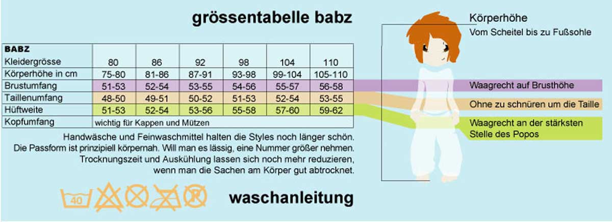 Babygrößen Tabelle
 Hyphen Größentabelle Baby Kids sunSkin UV Sonnenschutz