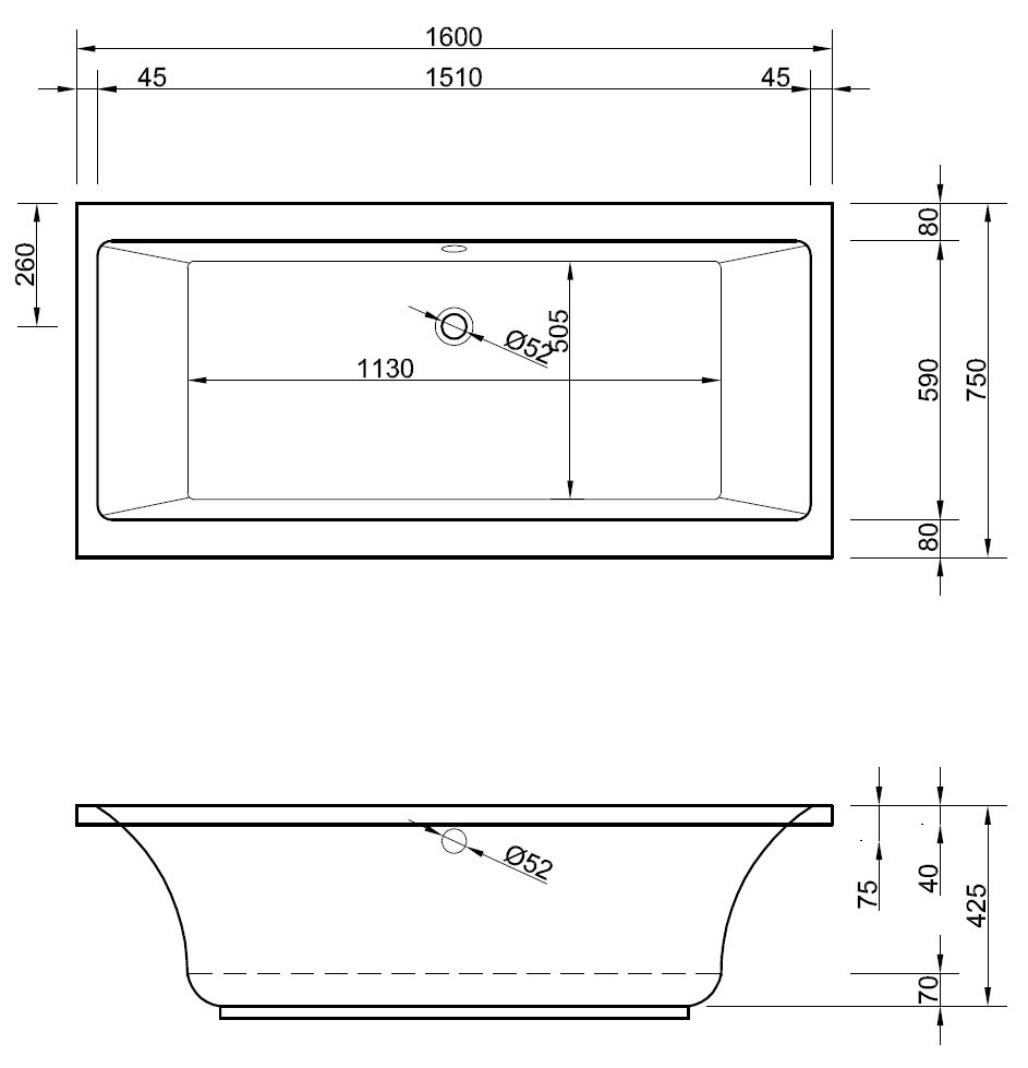Badewanne Maße
 Rechteck Badewanne 160 x 75 cm Rechteckwanne für kleine