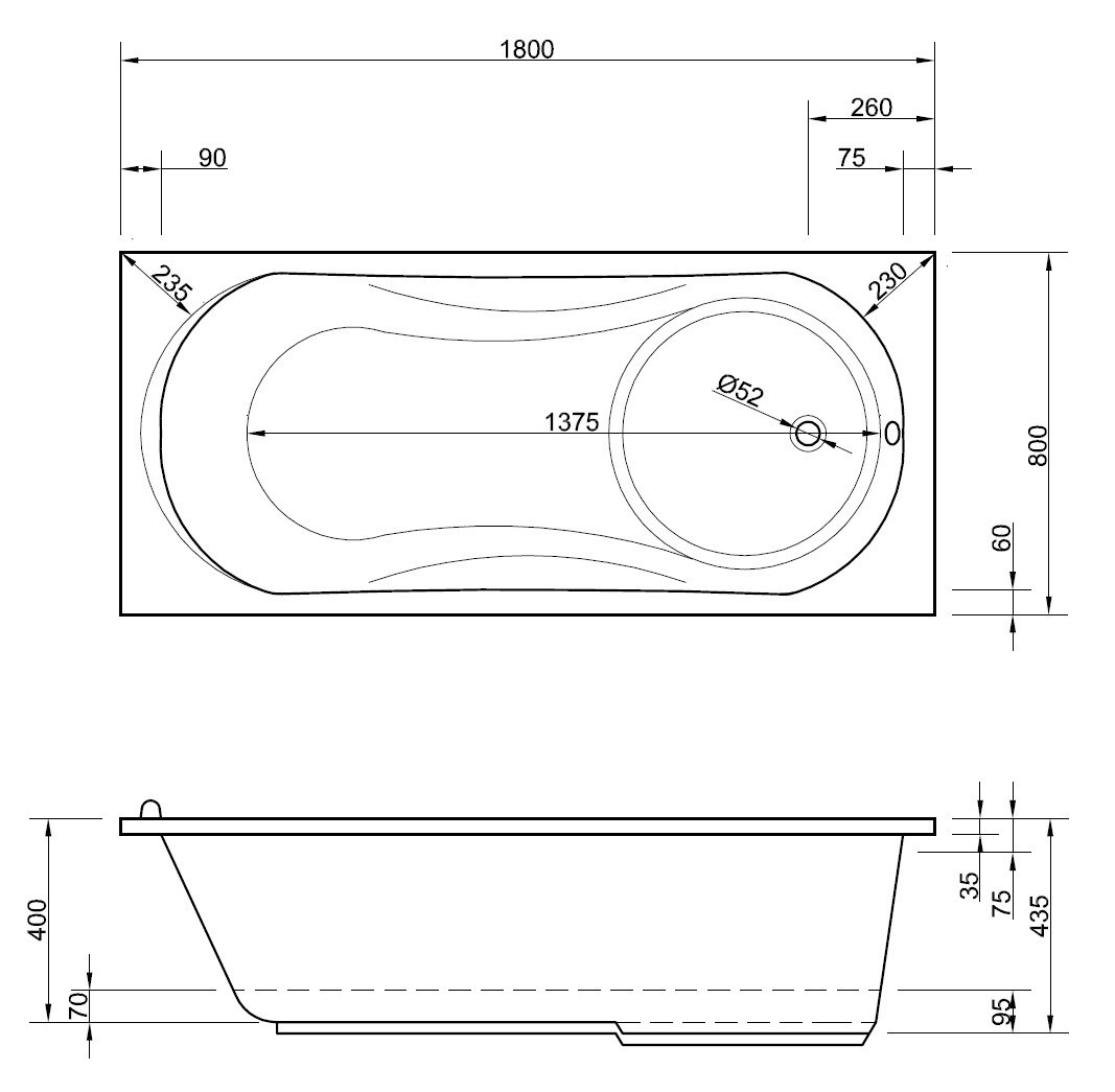 Badewanne Maße
 Badewanne mit Dusche 180 x 80 cm mit integrierter Duschwanne