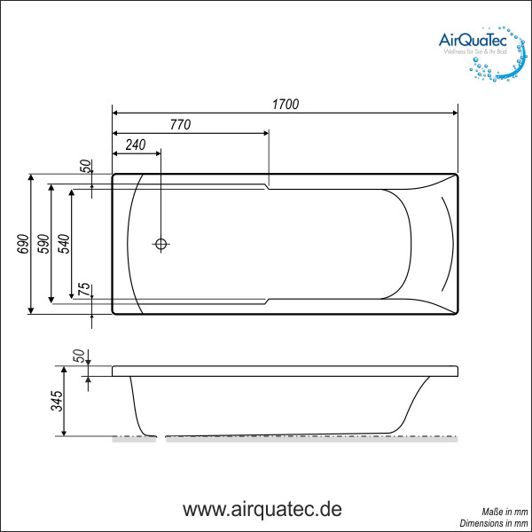 Badewanne Maße
 Flache Badewanne 170x70cm niedriger Einstieg einfaches