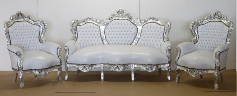 Barock Sofa
 Casa Padrino Barock Sofa Garnitur Weiß Lederoptik Silber